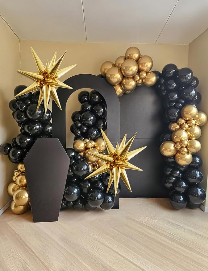 Black and Gold Balloons Arch Garland Kit, 110 Pcs Black Gold and Foil Star Balloon, Fathers Day Balloon arch for Father's Day, Graduation 2026, Birthday, Retirement, Anniversary, Wedding Decor