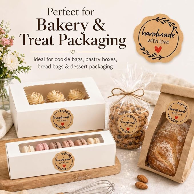 100 x Handmade with Love Stickers, Kraft Paper Bakery Stickers for Small Business Packaging, Rustic Handmade Gift Seals for Baked with Love Treat Bags, Wedding Favor Bags & Thank You Envelopes, 1.77''