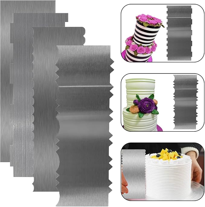 Stainless Steel Cake Scraper, 9 Inch Large Cake Smoother Scraper Contour Double Sided Patterned Edge Stripe Tool Pastry Cutter in 6 Patterns for Different Shapes of Comb Cake Edges (4 Pieces, 9 Inchs)