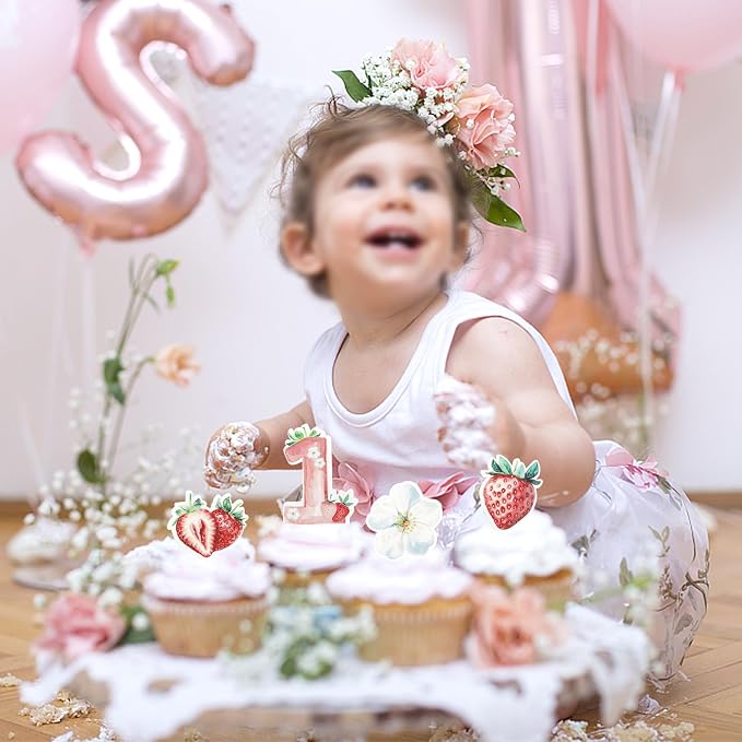 60 PCS Edible Sweet One Strawberry Cupcake Toppers Flower Strawberry First Birthday Cake Decorations Edible Berry Strawberry Cupcake Picks for Baby Shower 1st Birthday Party Food Decorations Supplies