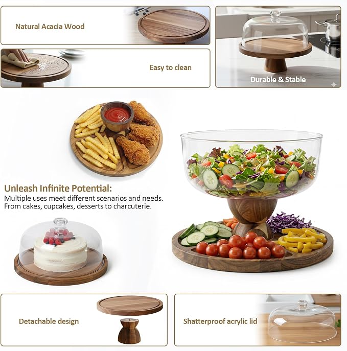 Acacia Wood Cake Stand with Dome Lid, Footed Wooden Cake Display Plate with Clear Acrylic Cover, Perfect for Birthday Parties, Weddings, Dessert Table & Home Kitchen Decor