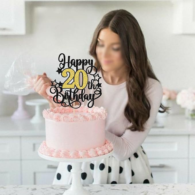 1 PCS Happy 20th Birthday Cake Topper Black Gold Glitter Cheers to 20 Years Birthday Cake Pick Hello 20 Fabulous Cake Decoration for Happy 20th Birthday Anniversary Party Decorations Supplies