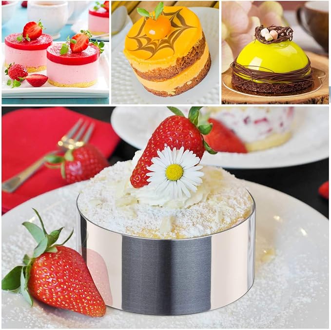 HULISEN Round Cake Ring Mold, Stainless Steel 3” Cooking Crumpet Rings with 1 Pusher & 4 Food Form, Tuna Tartare Mold for Pancake, Salad, Mousse