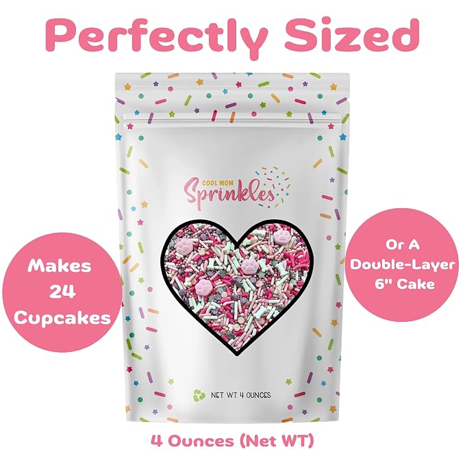 COOL MOM SPRINKLES Pink Dog Birthday Sprinkles (4 oz.) –Girl Dog Paw Themed Sprinkles for Decorating Birthday Cakes, Cupcakes, Cookies & Desserts – Mixed in the USA/Gluten-Free