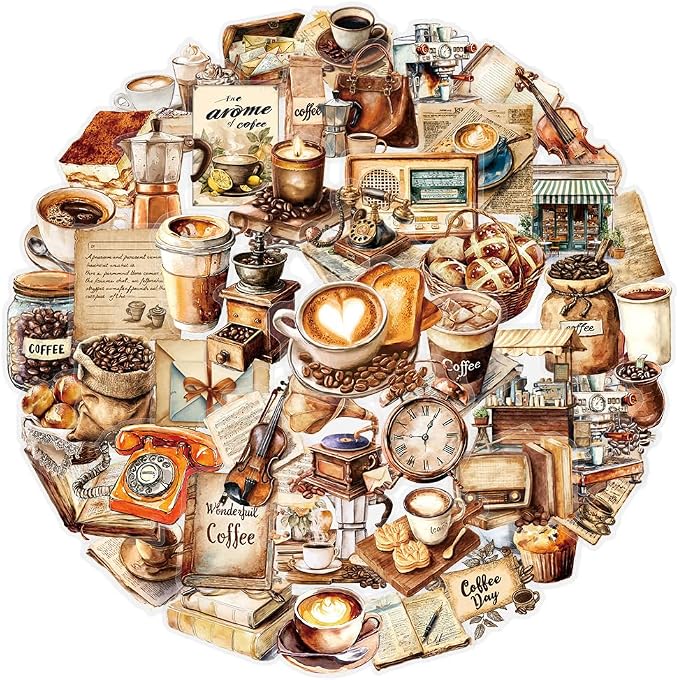 100 Pcs PET Transparent Vintage Coffee Stickers, Waterproof Vinyl Retro Coffee-Themed Decals for Laptop Skateboard Luggage, Watercolor Coffee & Daily Life Stickers Gift for Teens Adults(Retro coffees)