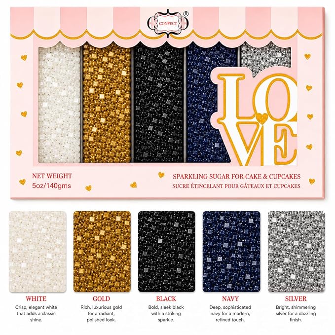 Confect- Funky Disco Sparkling Sugar Sprinkle Mix – 5-Pack Assorted Edible Sugar Crystals in White, Champagne Gold, Black, Bright Blue & Silver – Cake, Cupcake & Cookie Decorating Toppings –Vegan, Gluten-Free, Nut-Free, Soy-Free, Dairy-Free, Palm Oil-F...