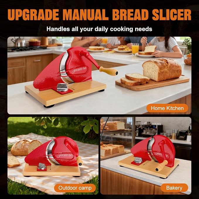 Upgrade Manual Bread Slicer for Homemade Bread, Sourdough Slicer with Hand Crank, Metal Guide Rail, Non-Slip Suction Base & Sharp Blade for Consistent Even Slices