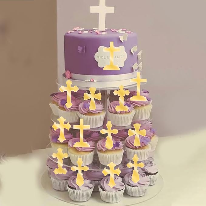 60 PCS Edible Cross Cupcake Toppers Wafer Paper God Bless Cupcake Toppers Edible Baptism Cross Cupcake Picks for Religious Theme Baby Shower Birthday Party Cake Decorations Supplies Retro Gold