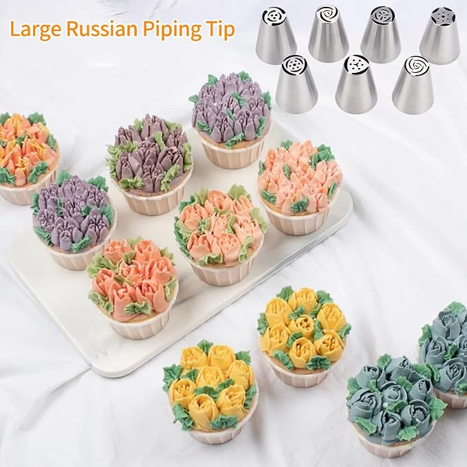 7-Pieces Large Russian Piping Tip, 304 Stainless Steel Korean Style Nozzle, Creative Frosting, Buttercream, and Bean Paste Decorating Tip for Cupcakes, Cookies, and Desserts (L, Style 1)