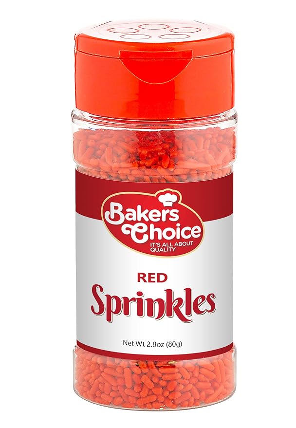 Bakers Choice Red Sprinkles for Baking - Jimmies Sprinkles for Ice Cream Toppings - Dairy Free, Kosher 2.8 oz.