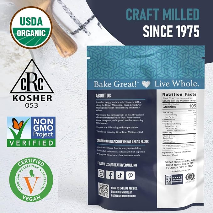 Great River Milling Organic Unbleached Wheat Bread Flour | Artisan Bread Flour for Baking | Multi-Purpose Wheat, Unbromated, Non-GMO, Kosher | 5 Lb