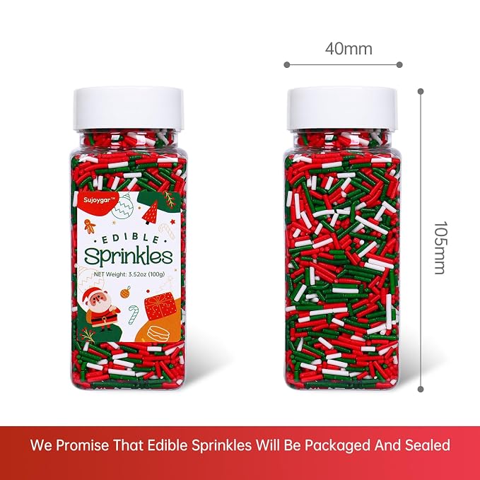Christmas Jimmies Sprinkles for Cake Decorating, 3.52oz Edible Red Green Sprinkles for Cupcake Toppers Baking Cookie Ice Cream Dount Chocolate Christmas Food Decoration