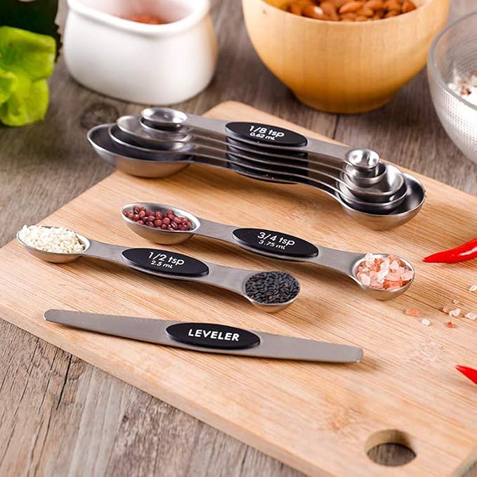Stainless Steel Baking Tools, Magnetic Double-Headed Measuring Spoons, Seasoning Measuring Spoons With Scraper (8 PCS,Multicolor)