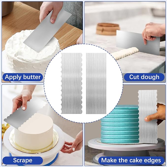 2 Pack Stainless Steel Cake Scraper, 8.6-inch Double Sided Patterned Edge Stripe Edge Smoother Scraper Cake Decorating Tools, Metal Cake Carving Smoothing Cream Pastry Baking