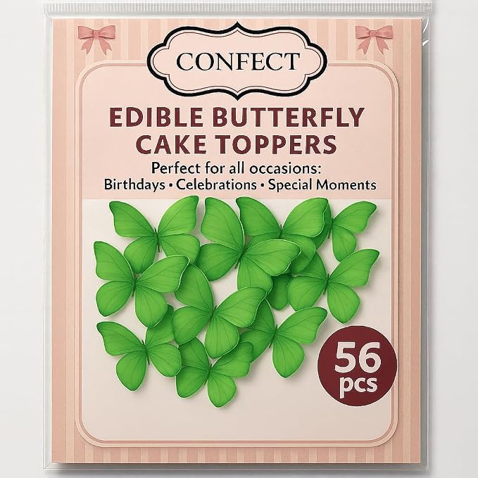 Confect Edible Wafer Paper Butterflies Set of 56 (1.77 x 1.18 Inch Per Butterflies) – Colorful Mint Green Butterfly Cake Decorations, Cupcake Toppers for Birthday, Wedding, Party – Edible Butterfly