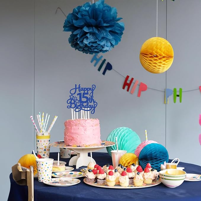 1 Pack Happy 15th Birthday Cake Topper Blue Glitter Mis Quince 15 Cheers to 15 Years Old Birthday Cake Pick for Celebrating 15th Birthday Anniversary Party Cake Decorations Supplies