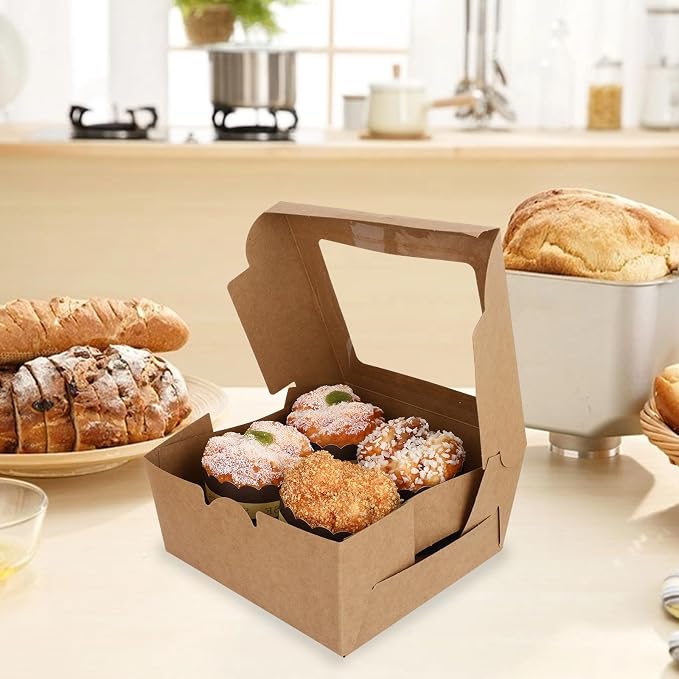 20 PCS Wood Color Paper Cupcake Boxes 4 Count and Clear Window for Valentine, Birthday, Wedding, Bakery Supplies and Party, Which Can Be Used as Bento Cake Box