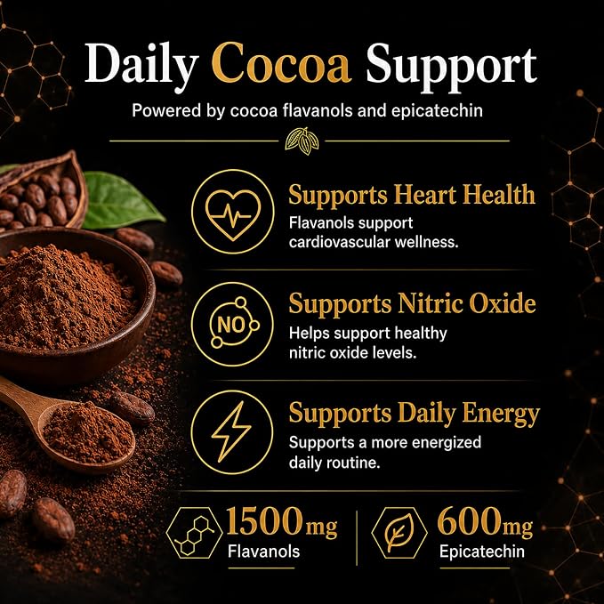 High Flavanol Cocoa Powder, 1500 mg Flavanols & 10X Concentrated Cocoa Extract with 600mg Epicatechin, Supports Heart Health, Nitric Oxide & Energy – Used To Relieve Afternoon Fatigue