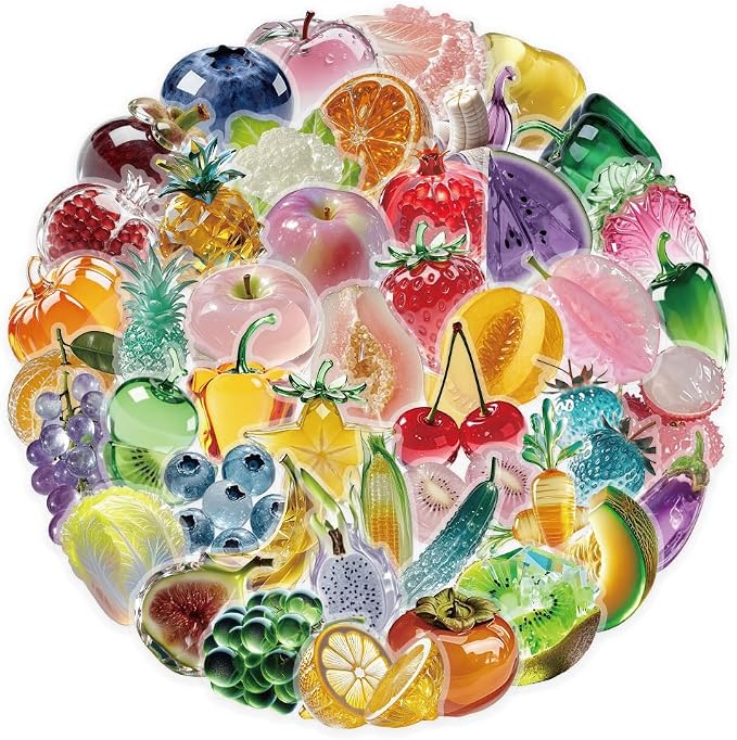 100Pcs Fruit Mix PET Stickers Pack, Transparent Fruit Stickers Waterproof Fruits Decals for Water Bottles Laptop Scrapbooking Journaling Guitar Suitcase Phone Gifts for Kids Teens