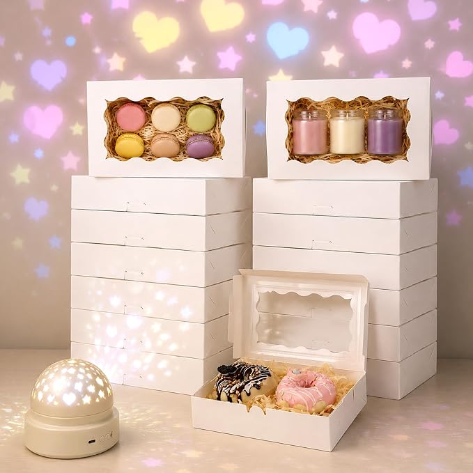 100 Pack White Bakery Boxes with Window 7x4.33x1.5 Inch Paper Treat Boxes for Cookies Macarons Chocolate Truffles Brownies Donuts Christmas Valentine Easter Party Favors