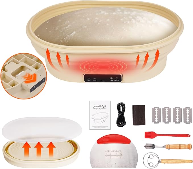 XPXKJ Heating Bread Proofing Basket Set Foldable Thermostatic Silicone Bowl with 77-122℉ 6 Gears Temperature & 6H Timer, Baking Sourdough Starter Bread Making Supplies Tools Kit (13.7×10.2×4.3'')