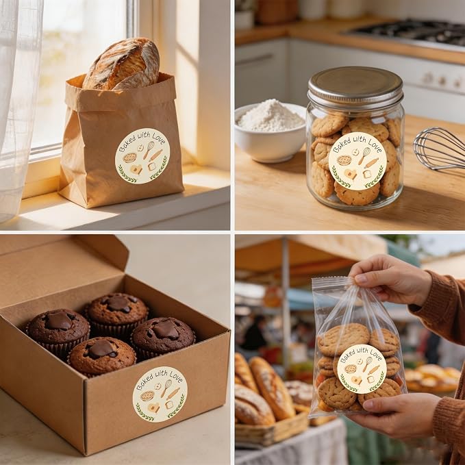 200PCS Baked with Love Stickers, 1.6 Inch Round Self-Adhesive Baking Labels, Bakery Tools Design Stickers for Homemade Bread Cookies Cake Boxes Goodie Bags Gift Wrapping