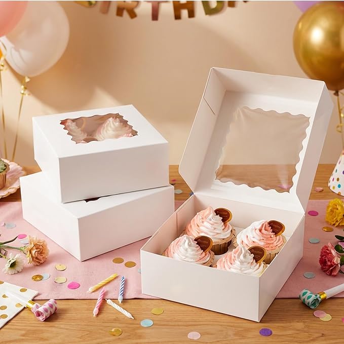 qiqee Auto-pop Up Cupcake Boxes with Window White 100PCS 4 Count Cupcake Box 6.3"x6.3"x3" Cupcakes Carrier, 4 Cupcake Containers