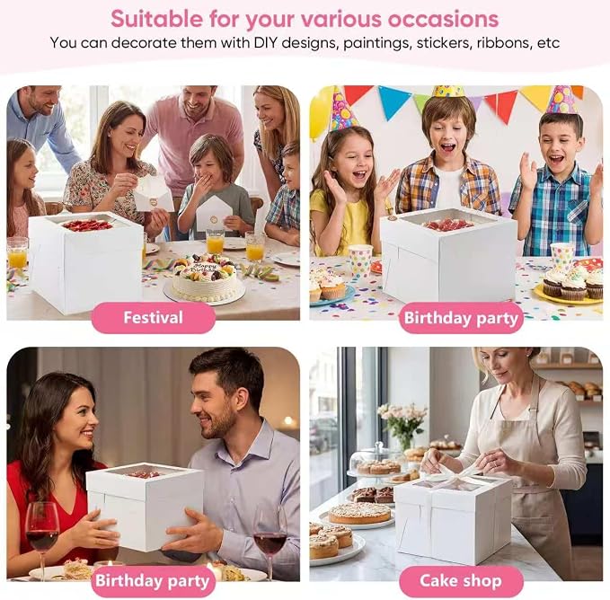 2 Pack 10 x 10 x 8 in Cake Boxes with Window & Cake Boards — Disposable Cake Carrier Boxes with Lid, Includes Stickers, Envelopes, Greeting Cards & Ribbon — Bakery Boxes for Cakes & Cupcakes