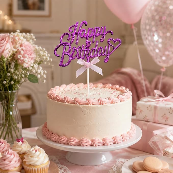 Purple Acrylic Happy Birthday Cake Topper with Heart and Bow | Glossy purple acrylic script with heart and bow adds an elegant finishing touch to birthday cakes and celebration desserts.