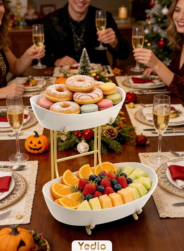 2 Tier Ceramic Fruit Bowl for Kitchen Counter, Elegant Gold Fruit Basket for Countertop, Small & Cute White Porcelain Tiered Serving Tray for Party, Modern Centerpiece for Snack, Candy & Nut