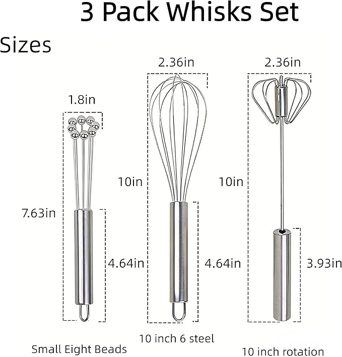 3 Packs Stainless Steel Whisk Set-Whisks for Cooking Non Scratch,Hand Push Rotary Whisk Blender,Balloon Whisk Kitchen Wisk Wire Whisks for Cooking,Whisking, Blending,Beating and Stirring