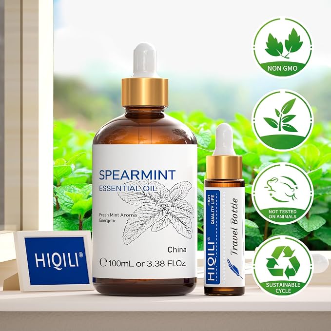 HIQILI Spearmint Essential Oil for Facial Hair, Skin Care | Includes 10ml Travel Bottl, Can be Added to Lotions, CreamsTreatment Grade - 100ml / 3.38 fl oz