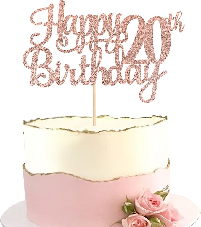 1 PCS Happy 20th Birthday Cake Topper Glitter Cheers to 20 Years Birthday Cake Pick Twenty 20 Fabulous Cake Decoration for Happy 20th Birthday Theme Party Decorations Supplies Rose Gold