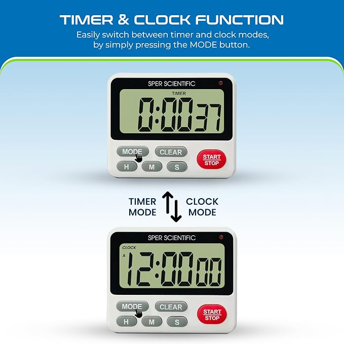 Sper Scientific 24-Hour Digital Lab + Kitchen Timer with LED Light 810001 - Precision Countdown Timer with Large Display, Loud Alarm & Clock Mode - for Cooking, Lab Experiments & More - 4 pc