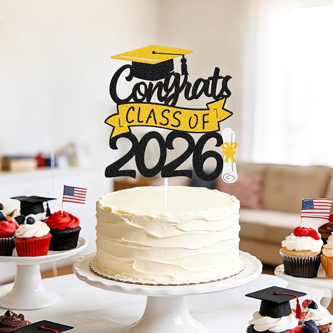 Congrats Class of 2026 Cake Topper Congrats Grad Cap Diploma Theme for High School Happy Graduation Party Supplies College Graduate Decoration (Gold)