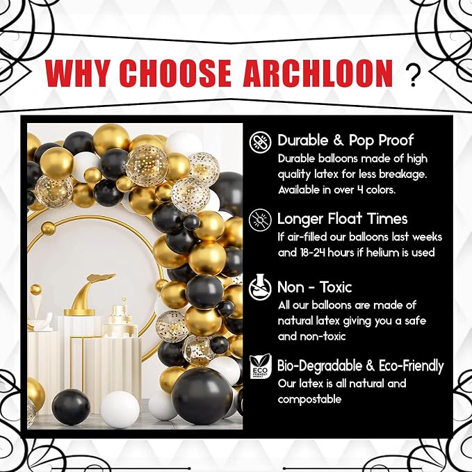 Archloon Black and Gold Balloons Arch Kit, 134pcs black and gold balloon garland kit with Black White Metallic Gold Confetti, Balloons Arch Kit for Graduation, Baby Shower, Birthday and Wedding…