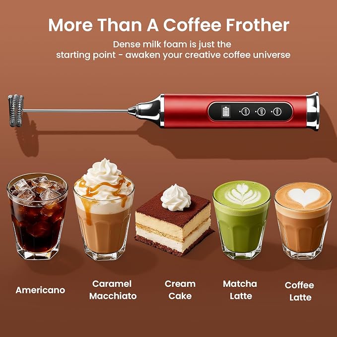 YUSWKO Milk Frother Wand for Coffee with Stand, Coffee Frother Handheld | Rechargeable Drink Mixer Wand, Waterproof Electric Whisk for Protein Powder, Lattes, 3 Variable Speeds 3 Whisks, Red