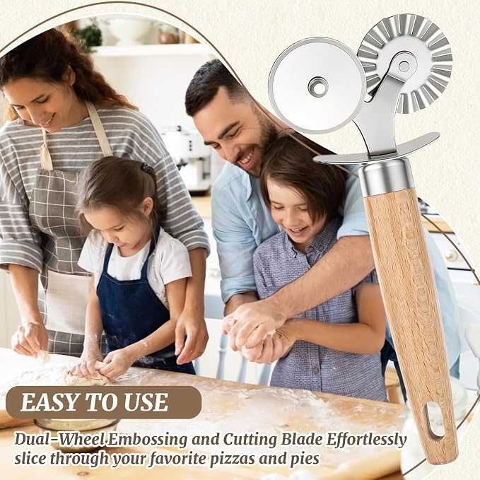 Pastry Cutter Double Wheel,Ravioli Crimper Cutter Wheel,with Exquisite Wooden Handle for Pasta Pizza Ravioli Cookie,Making Tools for Home and Kitchen Use