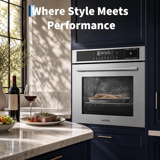 Garvee 24 Inch Built-in Steam Electric Oven Combo, 2.5 Cu.ft Convection Wall Oven, 5 Cooking Modes, Steam Function, Triple-Layer Glass, Easy Clean Interior, Timer & Safety Lock, Silver
