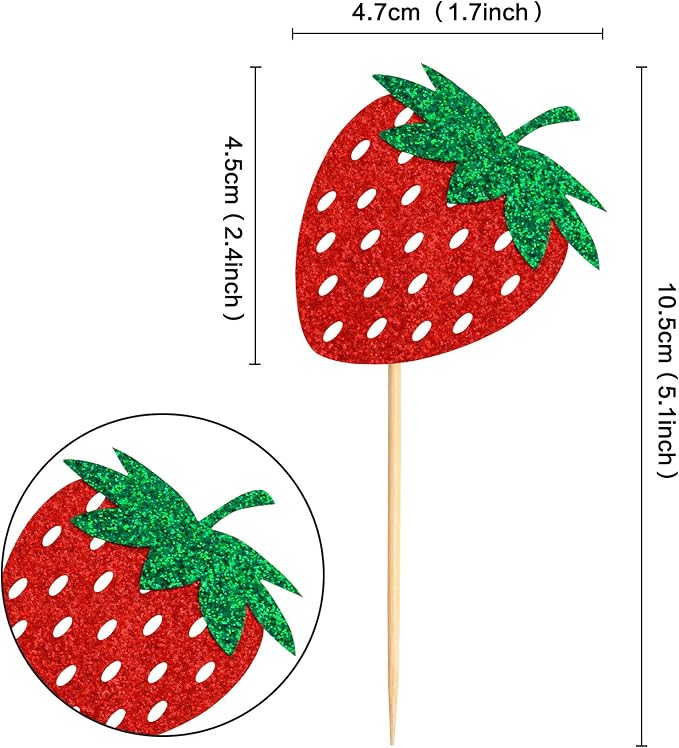 36Pcs Glitter Red Strawberry Cupcake Toppers Red Strawberries Cupcake Picks for Berry Strawberry Baby Shower Kids Boys Girls Birthday Sweet Fruit Party Bridal Shower Wedding Cake Decorations