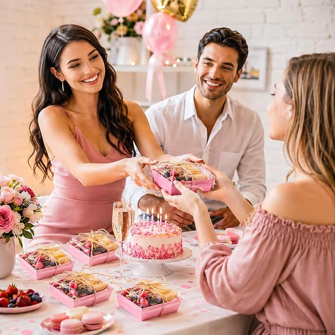50 Pack Pink Treat Charcuterie Boxes 5.3x4.9x2.5in for Favor Tables | Good for strawberries, cookies, sweets or decorated treats that need a neat reveal.