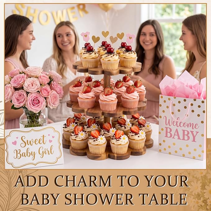 Novabright 3 Tier Scalloped Cupcake Stand, Acacia Wood Dessert Tower Display for Wedding Birthday Baby Shower Party, Rustic Tiered Cake Stand Holds 24 Cupcakes, 9/11/13 Inch, Easy Assembly