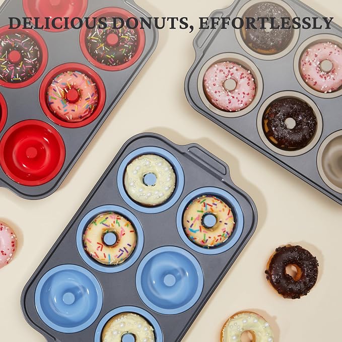 BRONYPRO Silicone Donut Pan for Baking with Metal Reinforced Frame, 6-Cavity Nonstick Doughnut Mold, Large Donut Size, Food-Grade Bakeware, Oven Dishwasher Freezer Safe, Blue