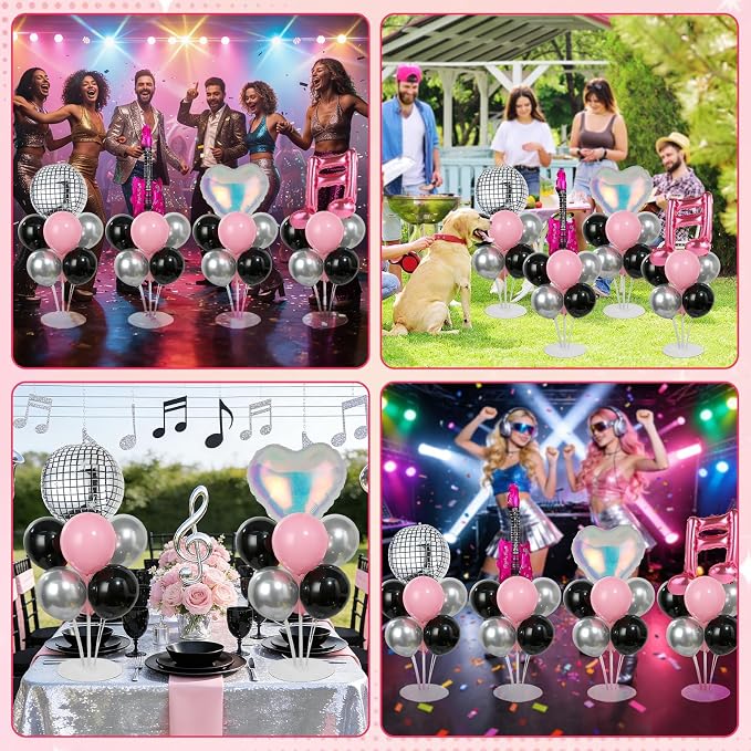 4 Sets Music Party Balloons Stand Kit with Music Note Guitar Disco Ball Colorful Heart Foil Balloons Concert Party Balloon Centerpiece for Tables for Indoor Outdoor Birthday Kpop Decorations