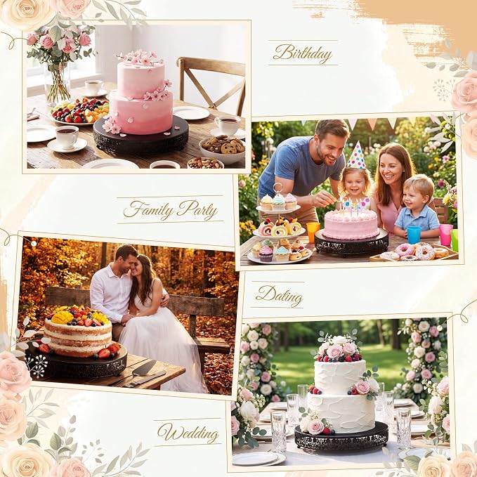 Wenqik 16 Inch Black Cake Stand Set Metal Round Cupcake Dessert Stand with Cake Cutting, Flower Spatula Wedding Cupcake Pastry Display Candy Holder Display for Wedding Party Birthday Baby Shower