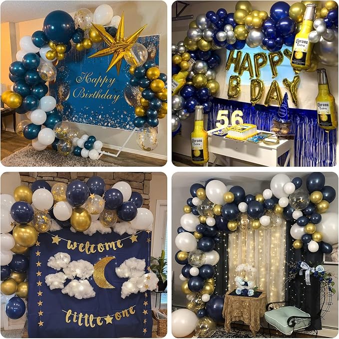 112pcs Royal Blue Gold White Balloon Arch Garland Kit, Navy Blue and Gold Balloon Arch Kit With Confetti Metallic Chrome Balloons, White Latex Matte Balloons for Graduations Birthday Party Decorations
