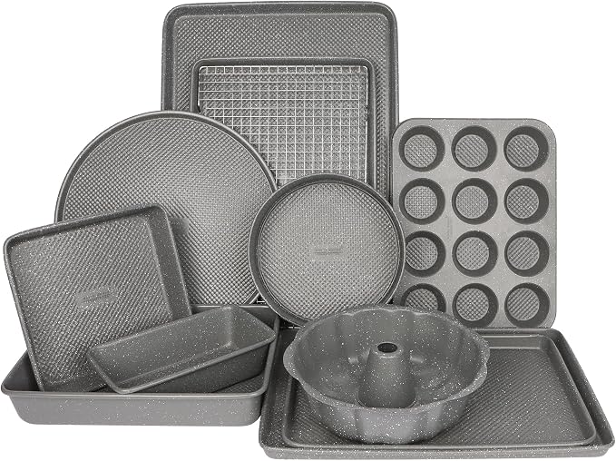 David Burke 17x11 Cookie Sheet with Chrome Cooling Rack – Carbon Steel, PFTE & PFOA Free, Oven Safe, Non-Toxic, Perfect for Baking and Roasting – Gray Speckle