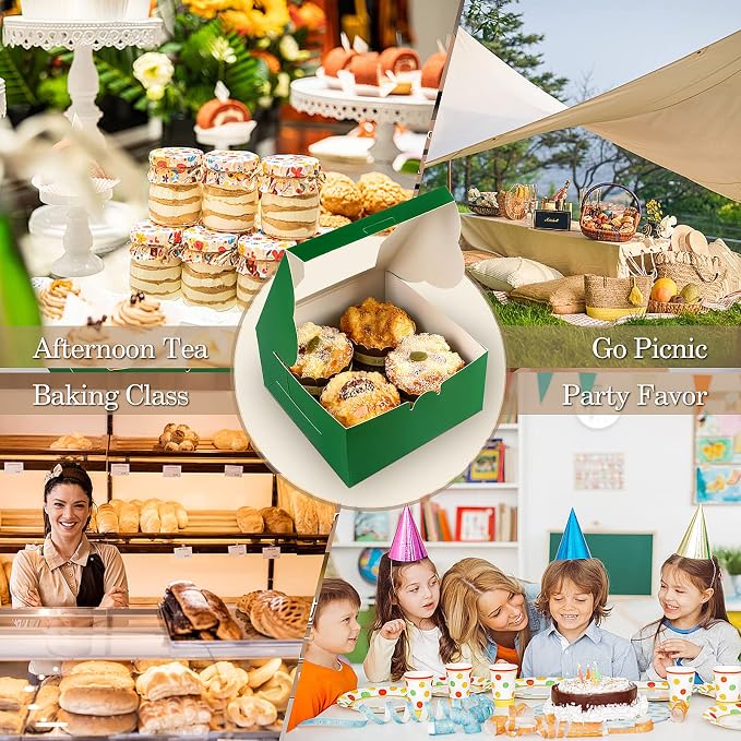 KPOSIYA 65PCS Bakery Boxes with Window 6x6x3 Inches 5 Style Cookie Boxes Small Pastry Boxes for Candy, Dessert, Pastry, Donuts, Birthday Party, Wedding(Green)