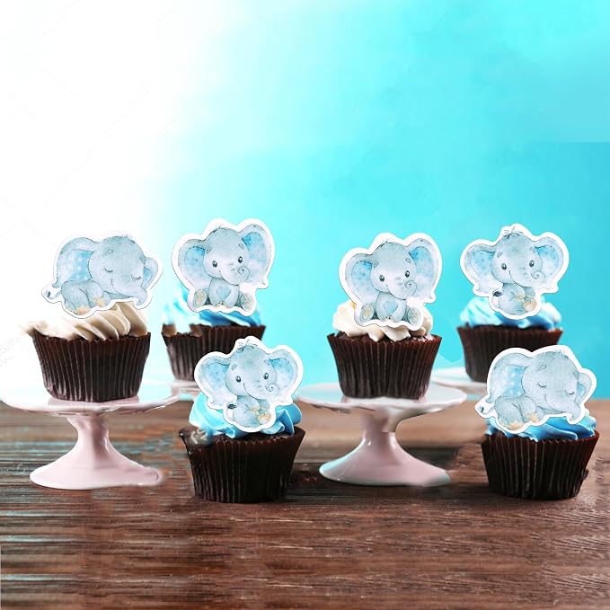 60 PCS Edible Blue Elephant Cupcake Toppers It's a Boy Baby Shower Cupcake Picks Edible Elephant Cake Decorations for Elephant Theme Baby Shower Kids Boys Birthday Party Food Decorations Supplies