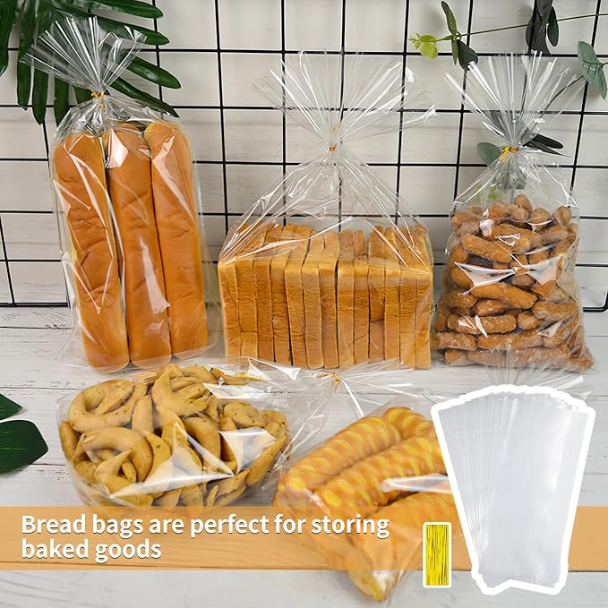 Bread Bags with Ties, 100 Clear Bread Bags for Homemade Bread and 100 Ties, Adjustable Reusable Plastic Bread Bags, Bread Loaf Bags for Home Bakers and Bakery Owners